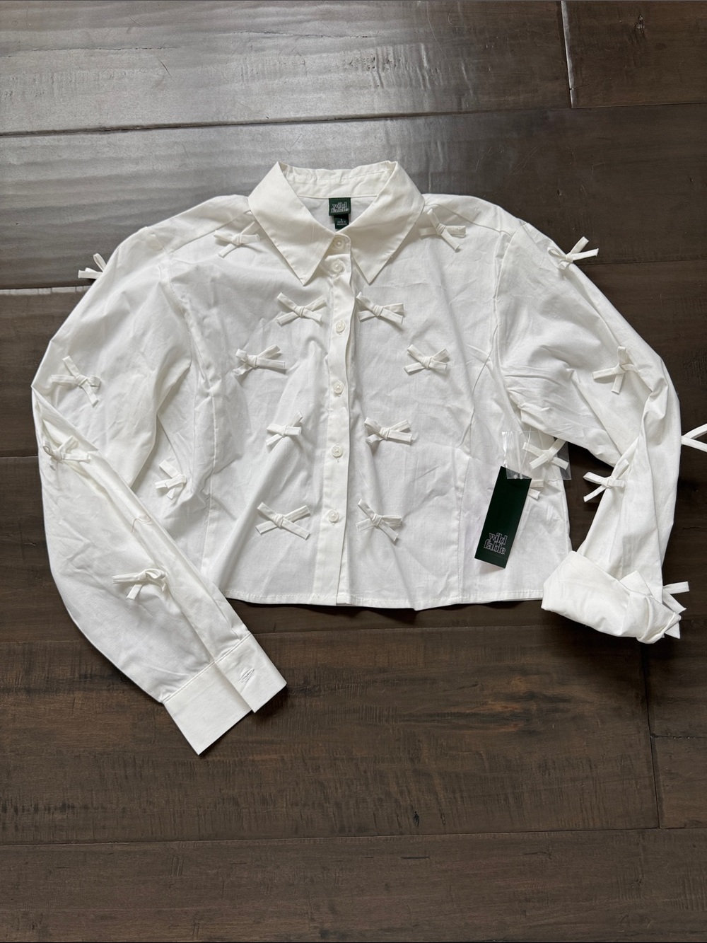 wild fable White Bow-Embellished Cropped Button-Up Shirt